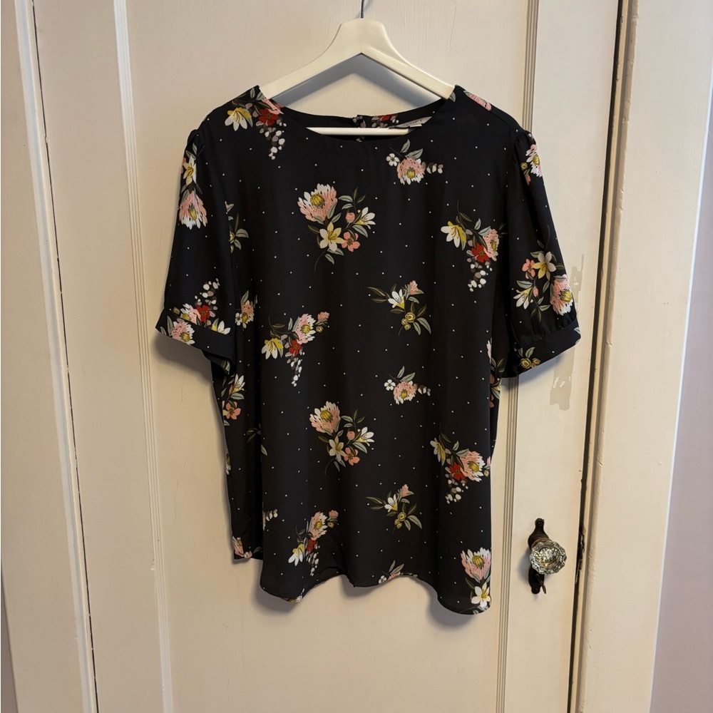 LOFT Black and Cream Boxy Blouse Short Sleeve
